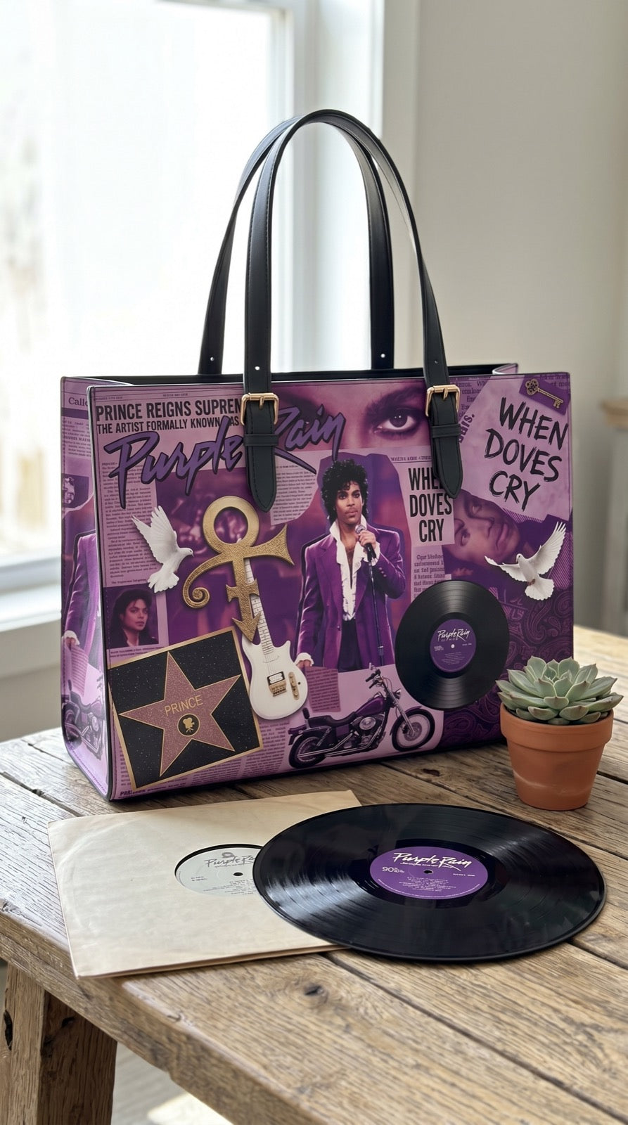 Prince Purple Rain collage tote on table