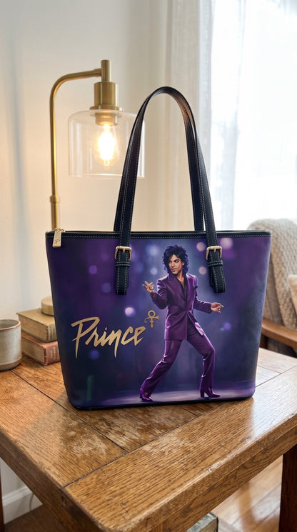 Prince black stage photo tote on table