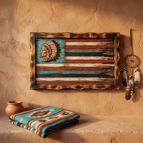 Handmade Native American chief headdress wood flag on adobe wall