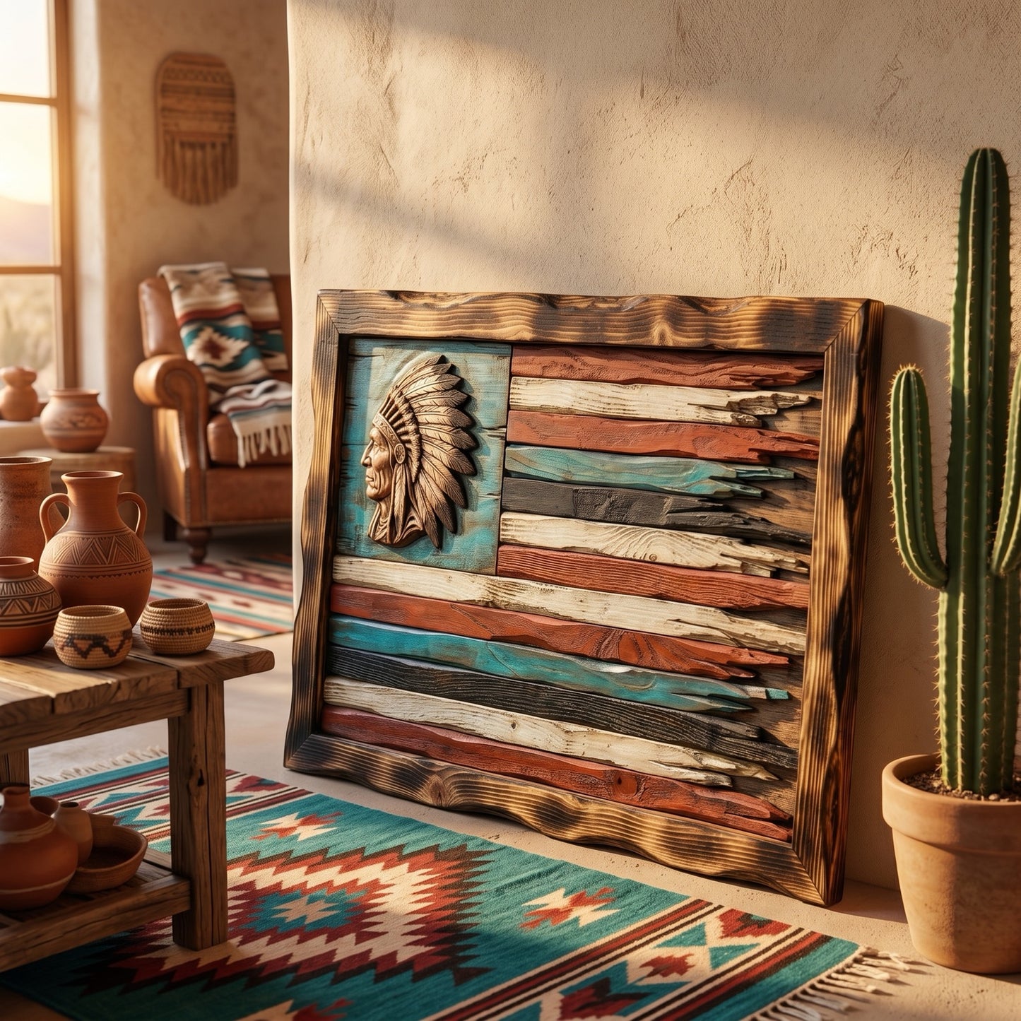 Chief headdress wood flag in a southwestern room
