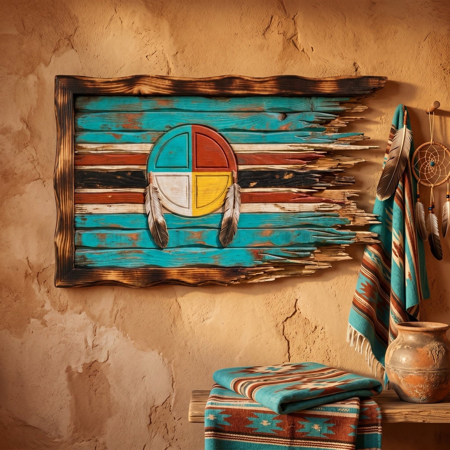 Medicine Wheel wood flag on adobe wall