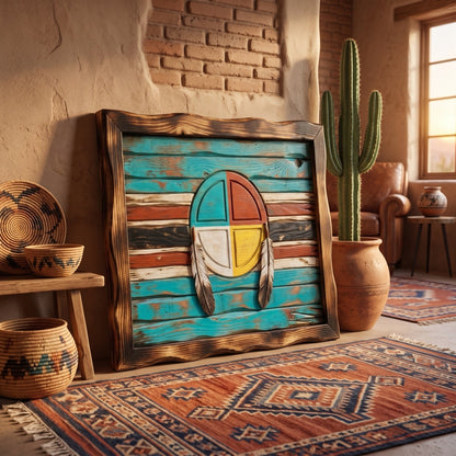 Medicine Wheel wood flag in a southwestern room