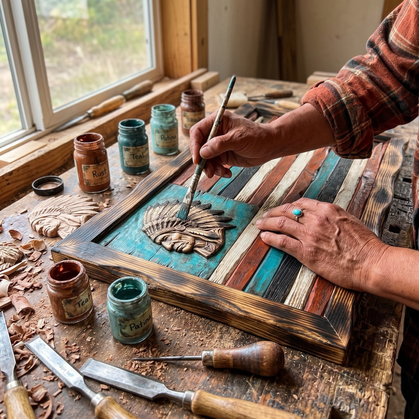 Tala's hands painting the carved wood flag