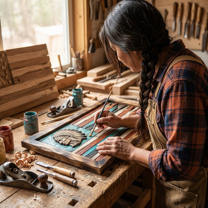 Native artisan hand-painting the carved wood flag